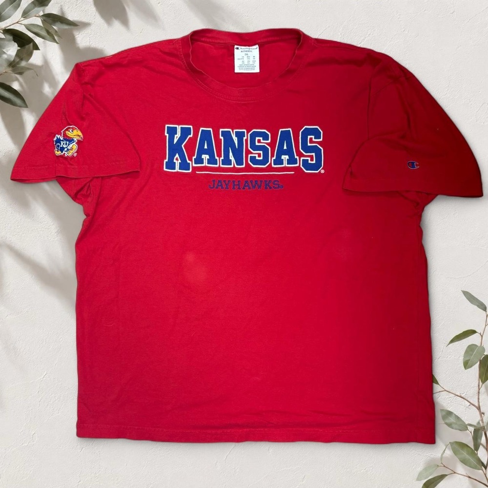 Champion Kansas Jayhawks T-Shirt Mens 2XL Red Blue NCAA Collegiate Graphic Tee